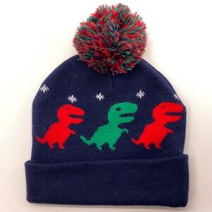 Cute Kids Red Green Xmas Dinosaur T-Rex Winter Pom Pom Hat
